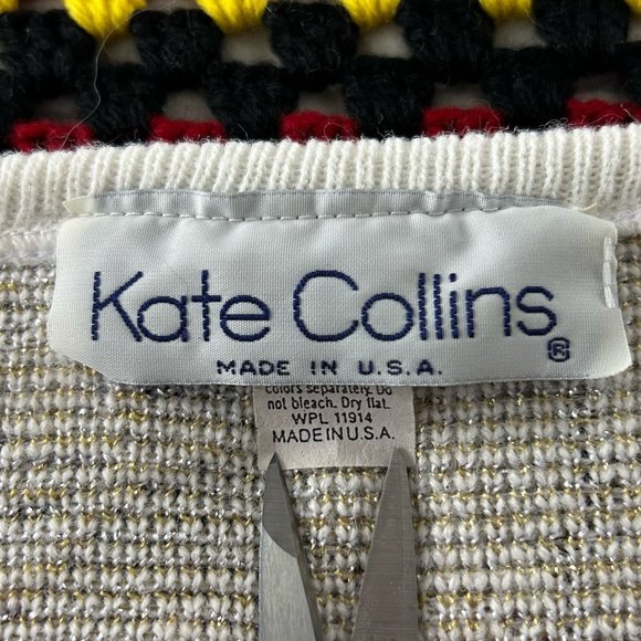 Vintage 80s Kate Collins Floral Metallic Pattern Wide Crewneck Knit Swea… - Picture 4 of 10